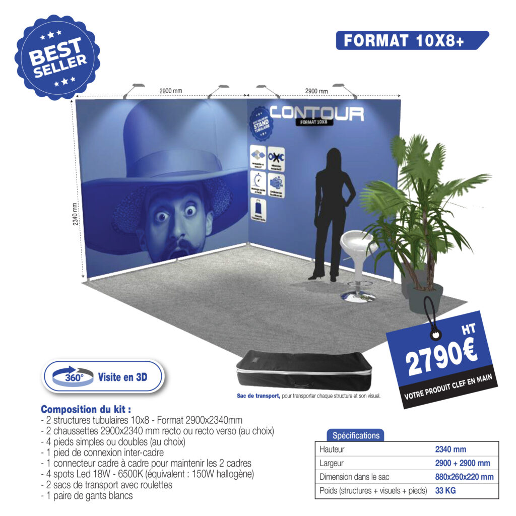 stand modulaire, stand, stand nomade, stand tissu, expo, imprimerie, stand 6m2, stand 9m2, stand on line, spot, spots, cadre, structure aluminium