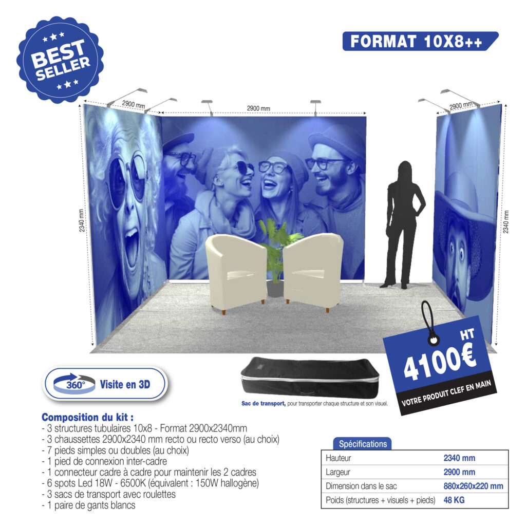 stand modulaire, stand, stand nomade, stand tissu, expo, imprimerie, stand 6m2, stand 9m2, stand on line, spot, spots, cadre, structure aluminium