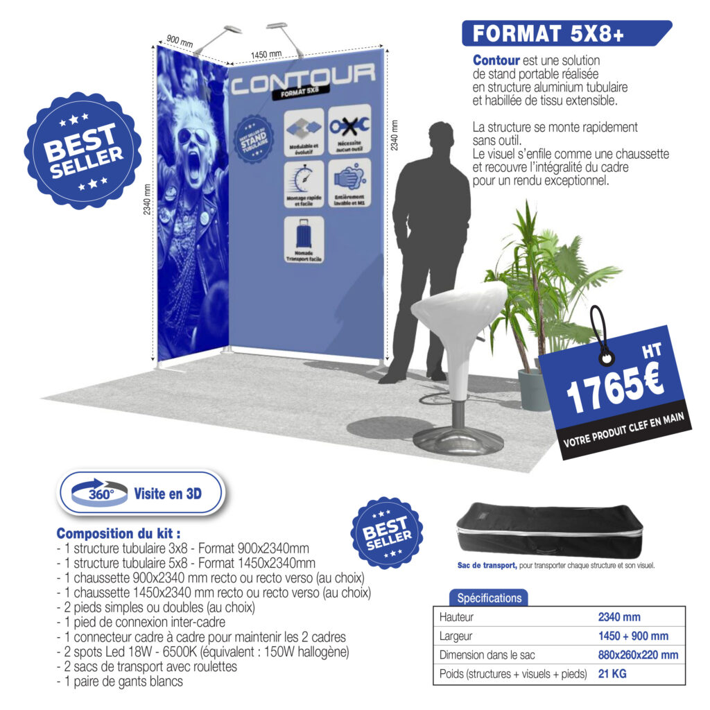 stand modulaire, stand, stand nomade, stand tissu, expo, imprimerie, stand 6m2, stand 9m2, stand on line, spot, spots, cadre, structure aluminium